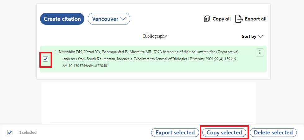 copy daftar pustaka Vancouver style dengan mencentang daftar pustaka dan klik "Copy selected" di vancouver style citation generator ini